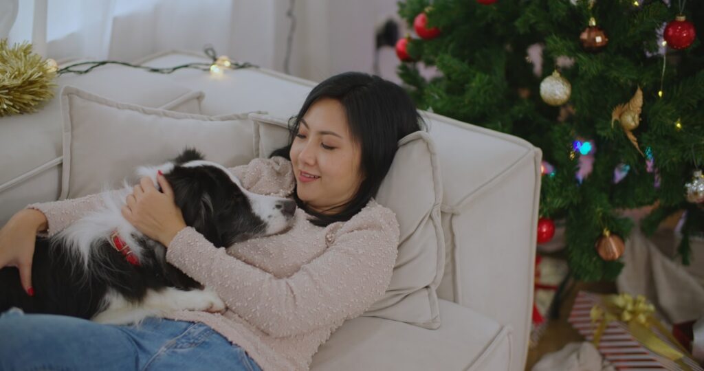 A person lying on a couch with a dog 